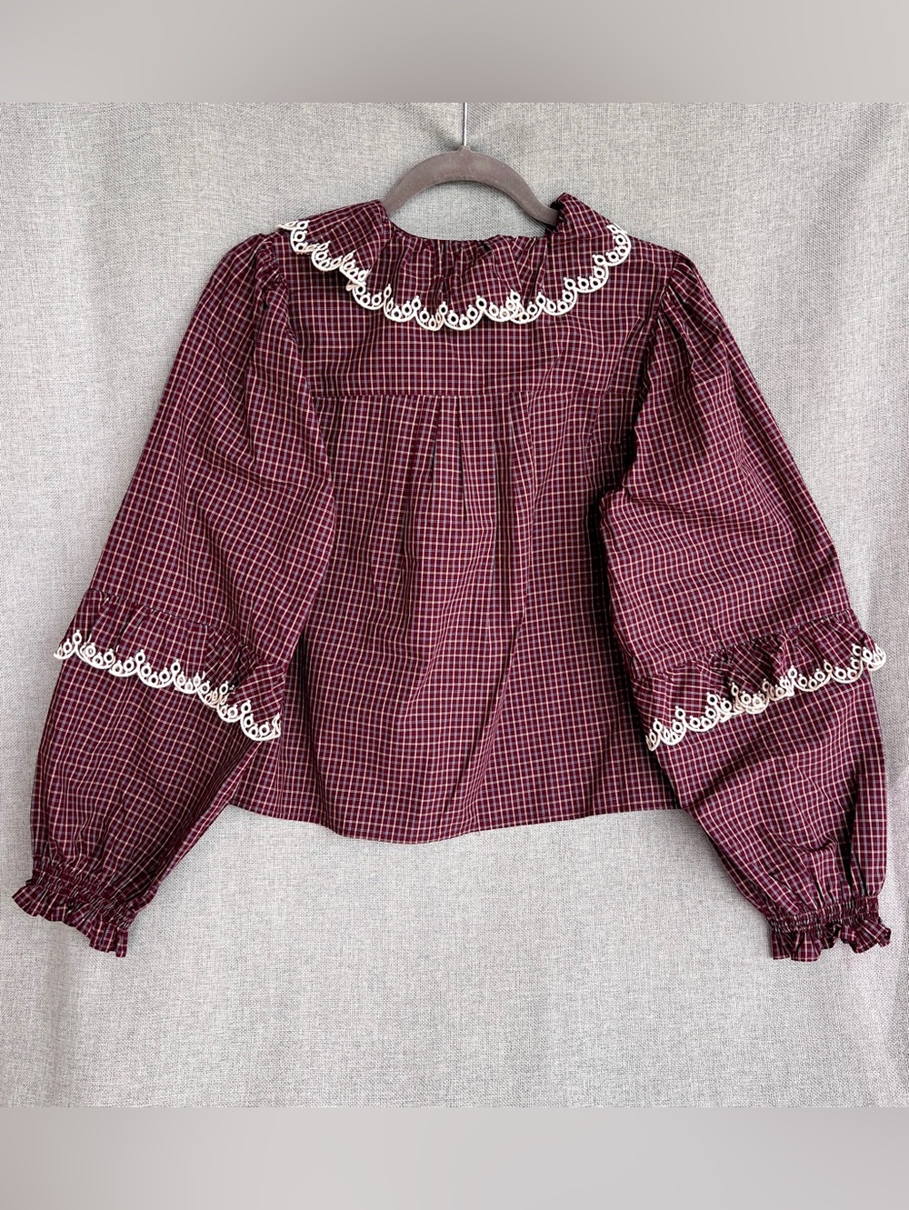 Caroline Constas Ruffled Plaid Embroidered wide long sleeve Cotton blouse size S - Picture 6 of 13